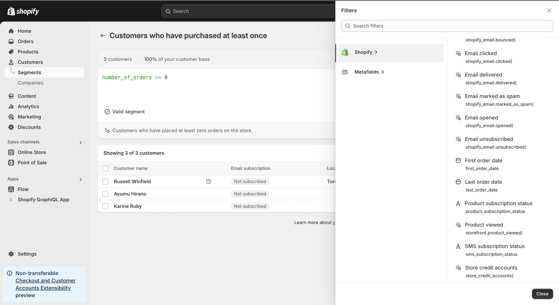 List of customer segment filters