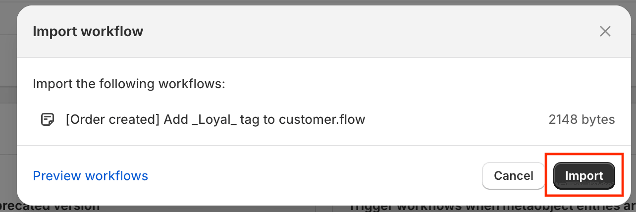 Import workflow modal with the flow file uploaded
