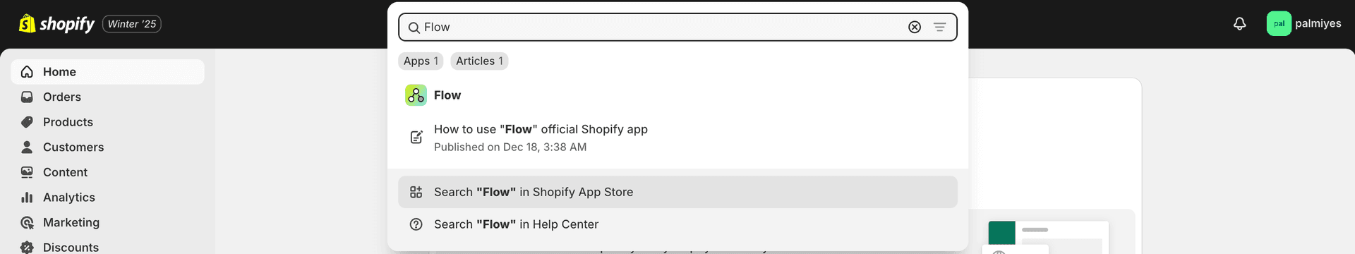 Write "Flow" to search bar in Shopify admin dashboard